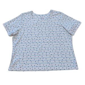 d & co Blouse Women 2X White Blue Striped Knit Polka Dots Stretch Short‎ Sleeves